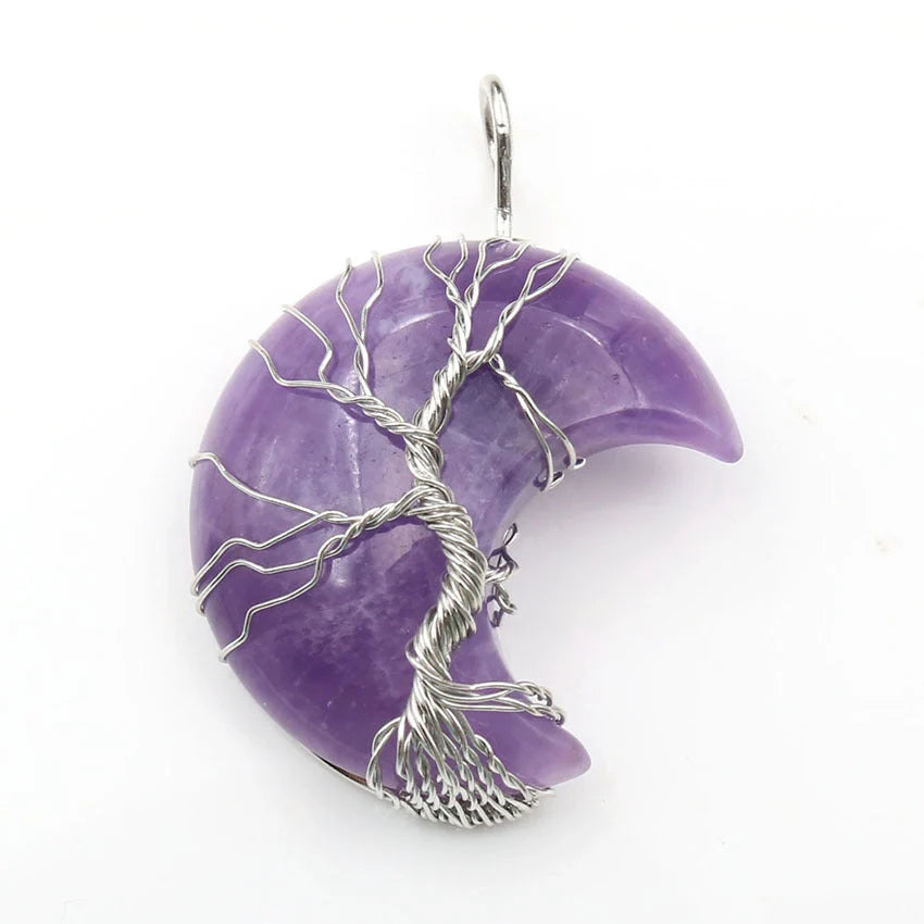 Handmade Moon Natural Crystal Stone Tree of Life Pendant Necklace in various colors