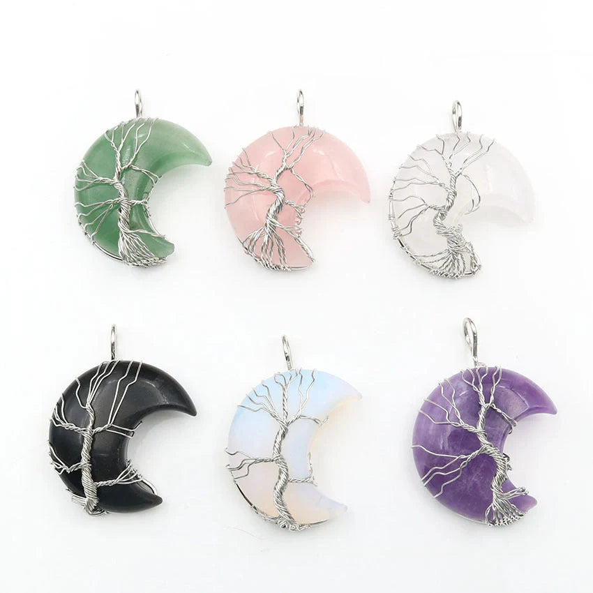 Handmade Moon Natural Crystal Stone Tree of Life Pendant Necklace in various colors