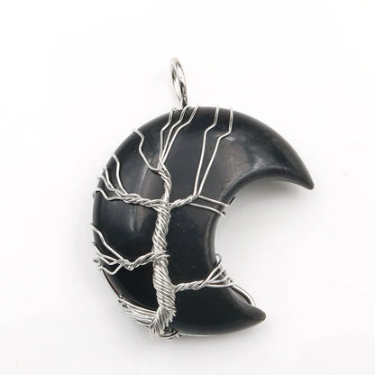 Handmade Moon Natural Crystal Stone Tree of Life Pendant Necklace in various colors