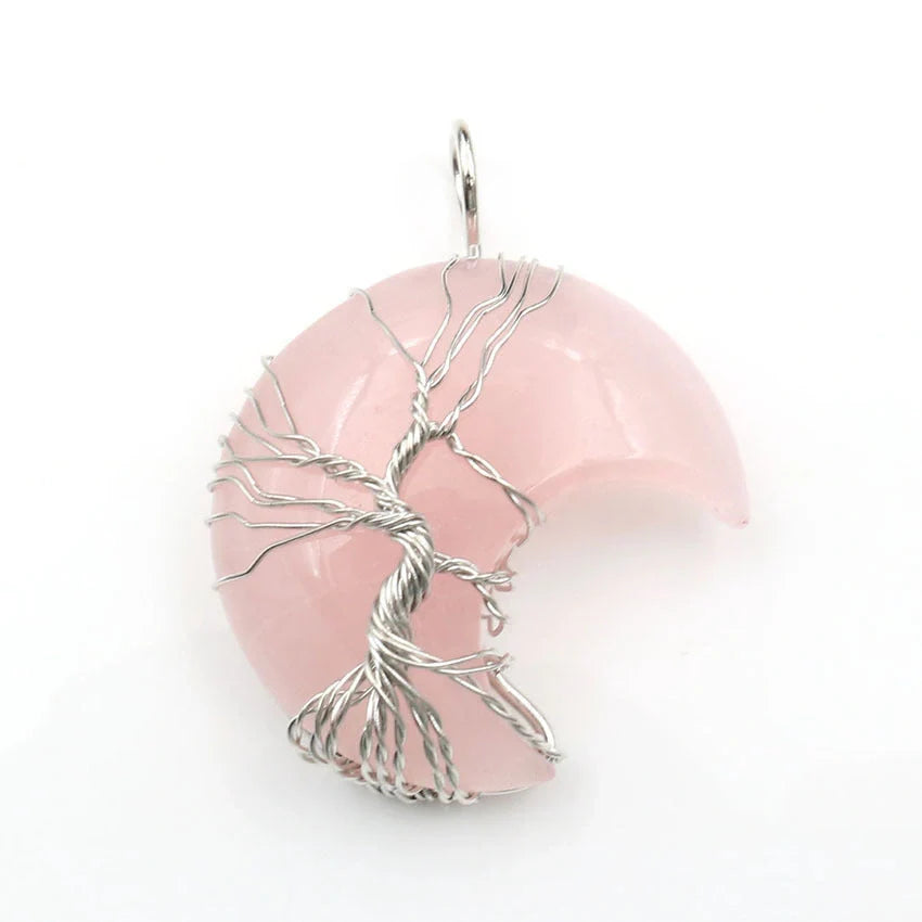 Handmade Moon Natural Crystal Stone Tree of Life Pendant Necklace in various colors
