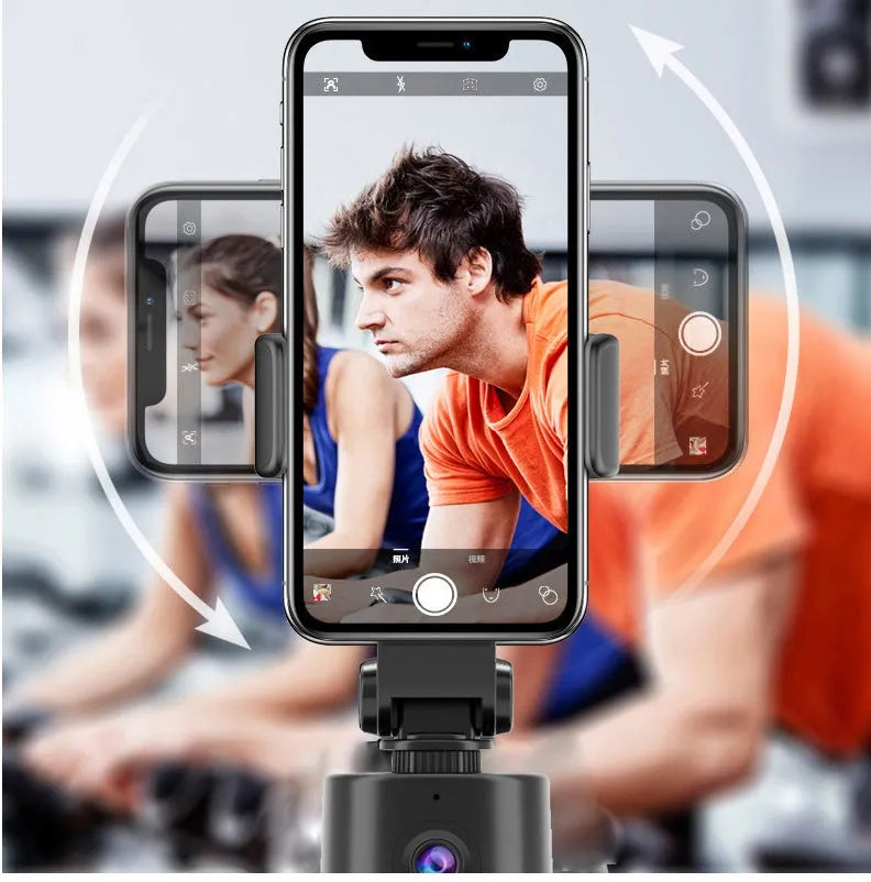 360-degree rotating AI tracking pan-tilt bracket holding a smart phone for hands-free video.
