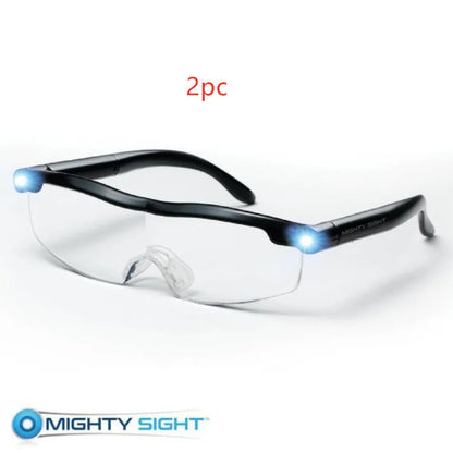 Transparent black USB LED reading glasses with integrated light on frame.
