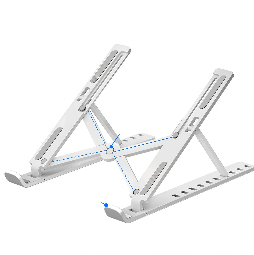 Silver aluminium alloy laptop stand folded slim, supporting 17.3-inch device with ventilation gaps and non-slip pads