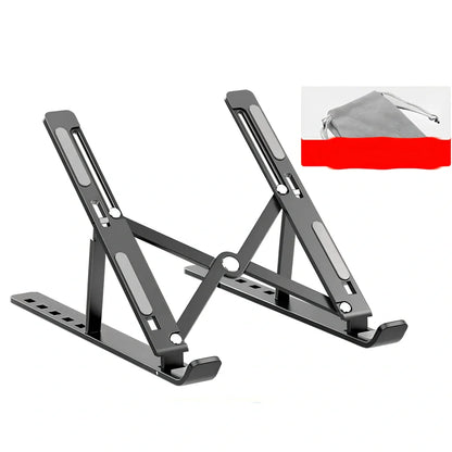 Silver aluminium alloy laptop stand folded slim, supporting 17.3-inch device with ventilation gaps and non-slip pads