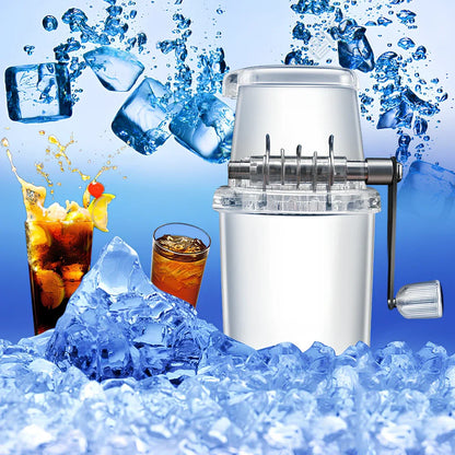 Manual ice crusher with stainless steel blades and 2-litre capacity in transparent or grey