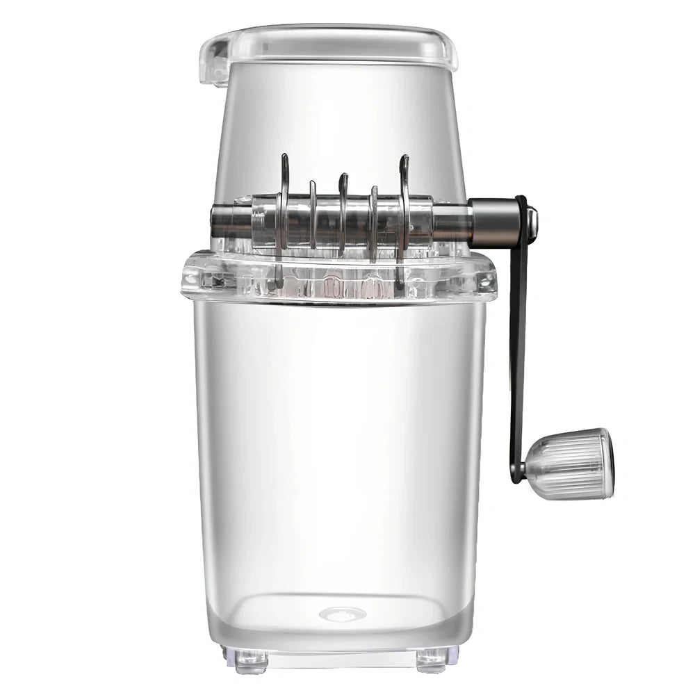 Manual ice crusher with stainless steel blades and 2-litre capacity in transparent or grey