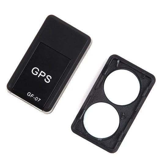 Black mini magnetic GPS tracker with dimensions 35x20x14mm, showing USB charging port and compact design for covert tracking