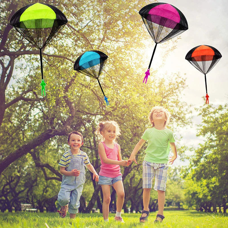 Colorful paratrooper toy parachute with soldier figure, designed for outdoor fun and educational play