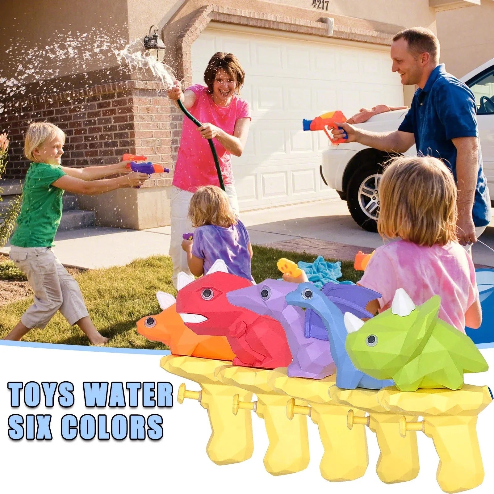 Dinosaur water guns for kids in five colors with unique dinosaur designs