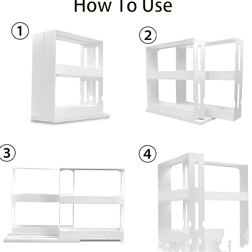 White rotating kitchen spice rack with two tiers holding multiple spice containers