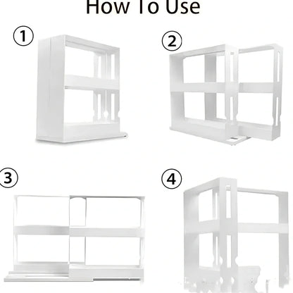 White rotating kitchen spice rack with two tiers holding multiple spice containers