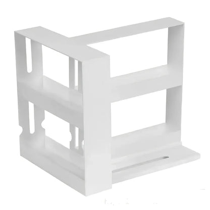 White rotating kitchen spice rack with two tiers holding multiple spice containers