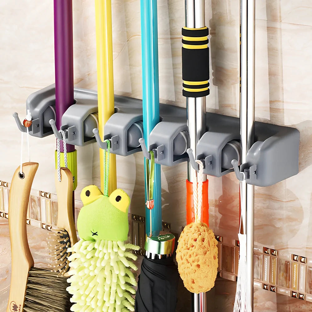 Plastic wall hanger with multiple hooks for mops and brooms, made from ABS engineering plastic