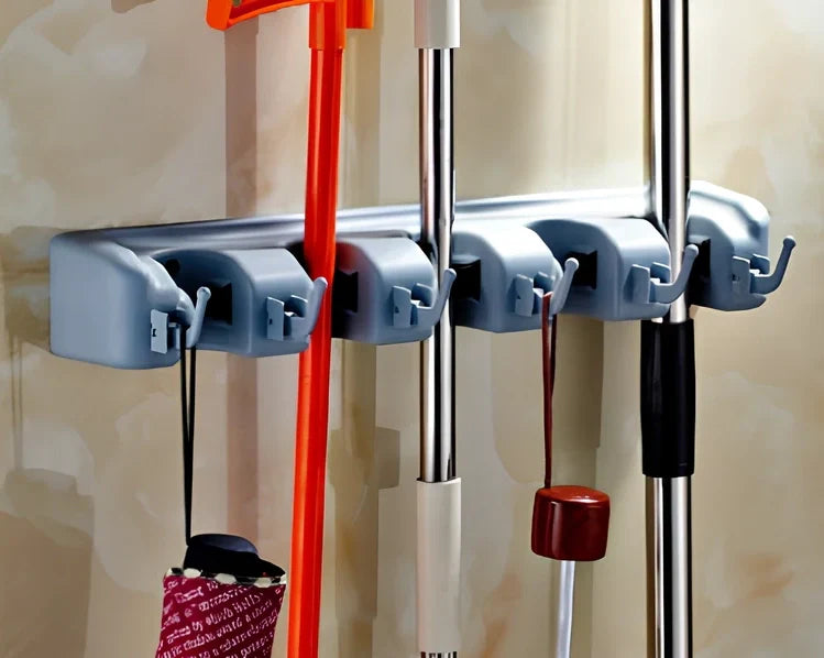 Plastic wall hanger with multiple hooks for mops and brooms, made from ABS engineering plastic