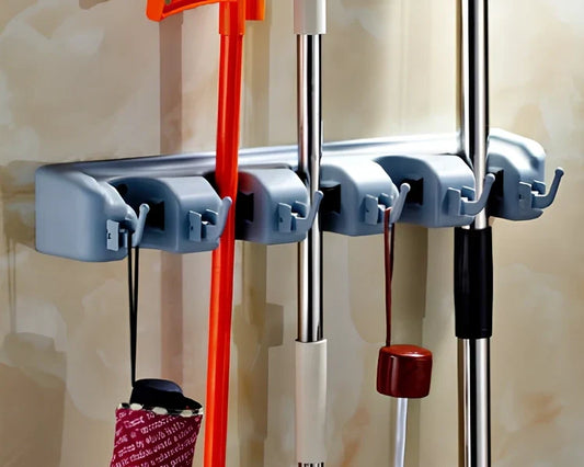 Plastic wall hanger with multiple hooks for mops and brooms, made from ABS engineering plastic