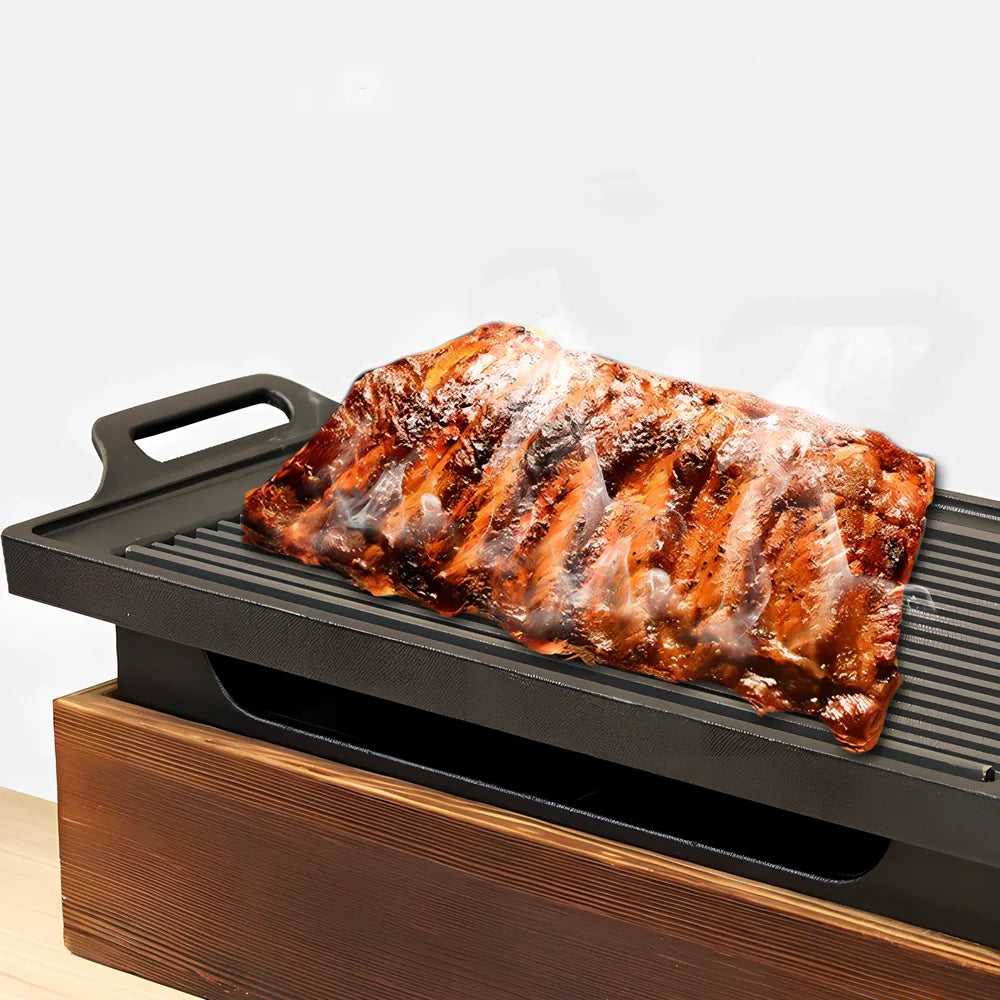 Korean baking pan set with four different sized pans in wooden storage block
