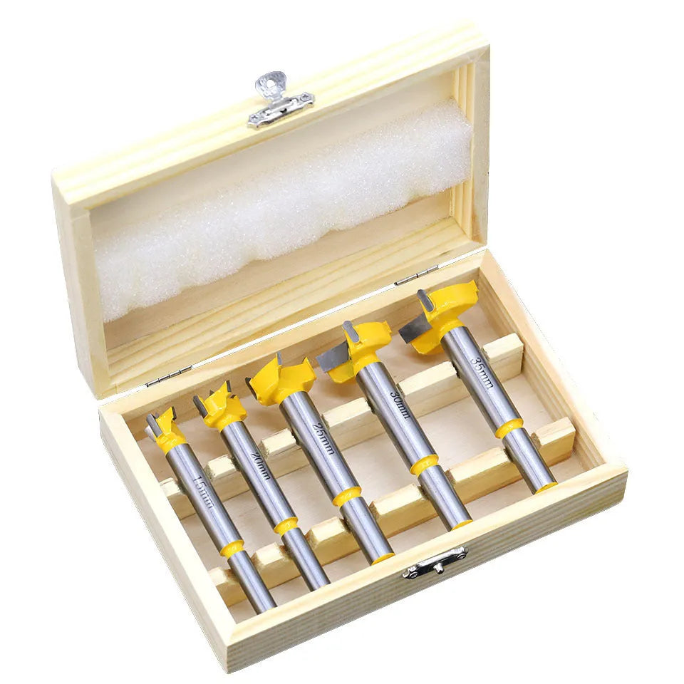 Five-piece carbide woodworking hole opener set in a wooden box, 477 grams, for hand drill and electric drill use on wood.