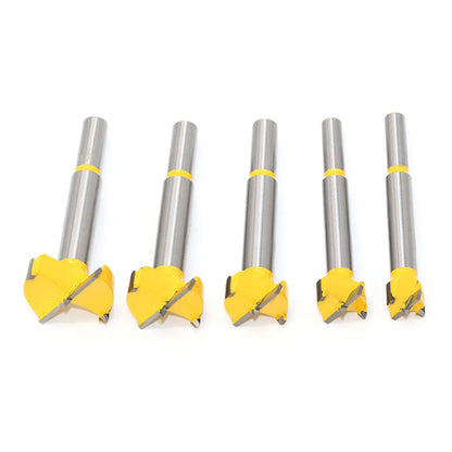 Five-piece carbide woodworking hole opener set in a wooden box, 477 grams, for hand drill and electric drill use on wood.