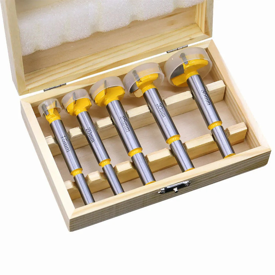 Five-piece carbide woodworking hole opener set in a wooden box, 477 grams, for hand drill and electric drill use on wood.