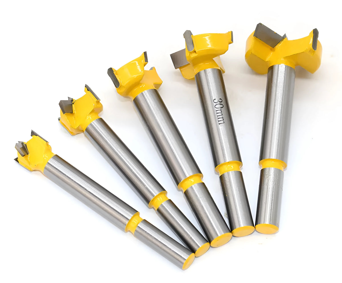 Five-piece carbide woodworking hole opener set in a wooden box, 477 grams, for hand drill and electric drill use on wood.