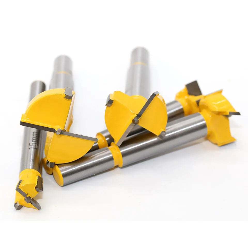 Five-piece carbide woodworking hole opener set in a wooden box, 477 grams, for hand drill and electric drill use on wood.