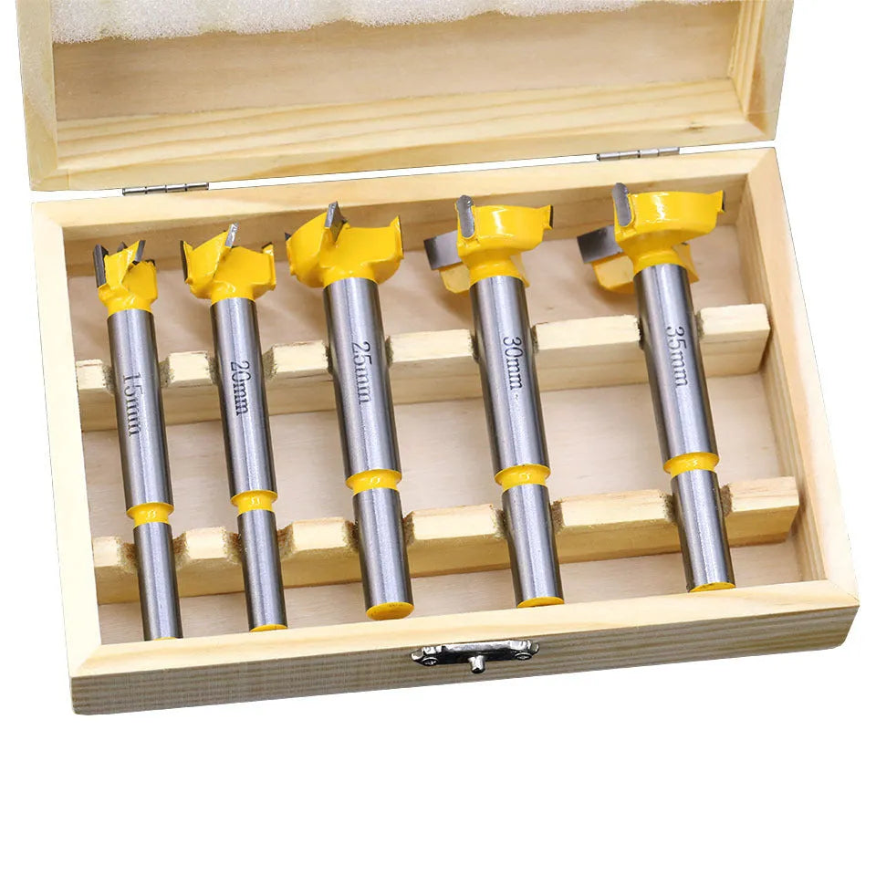 Five-piece carbide woodworking hole opener set in a wooden box, 477 grams, for hand drill and electric drill use on wood.