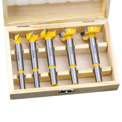 Five-piece carbide woodworking hole opener set in a wooden box, 477 grams, for hand drill and electric drill use on wood.