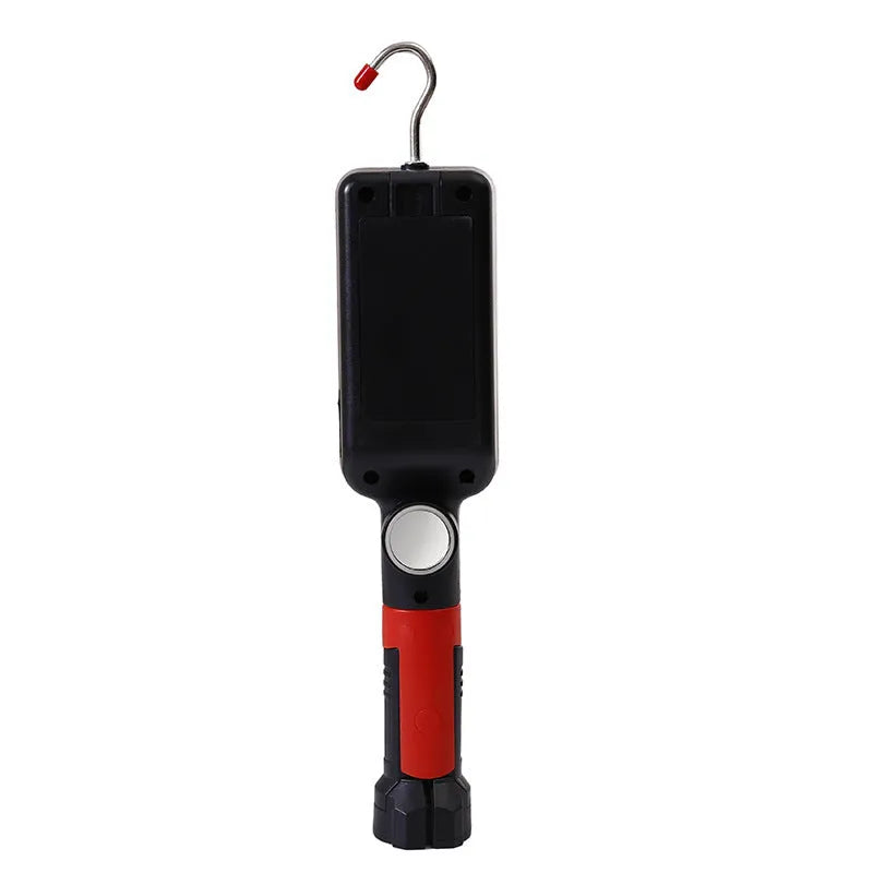Portable COB LED flashlight with magnet hook, 28.8cm long, showing white light emission and USB charging port