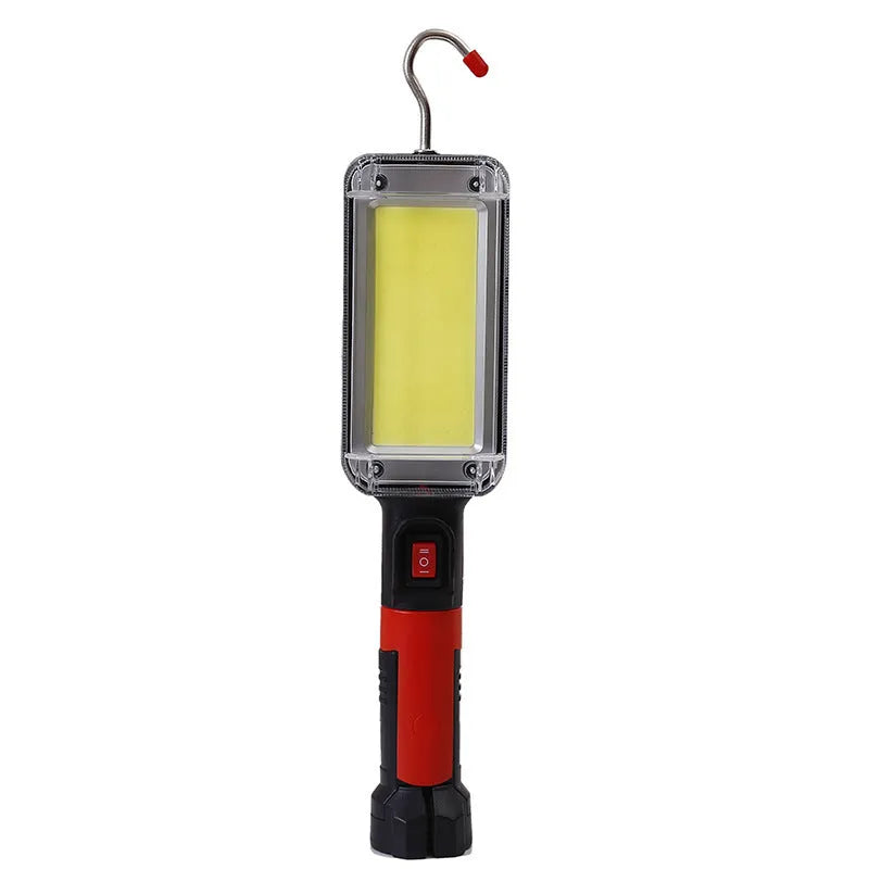 Portable COB LED flashlight with magnet hook, 28.8cm long, showing white light emission and USB charging port
