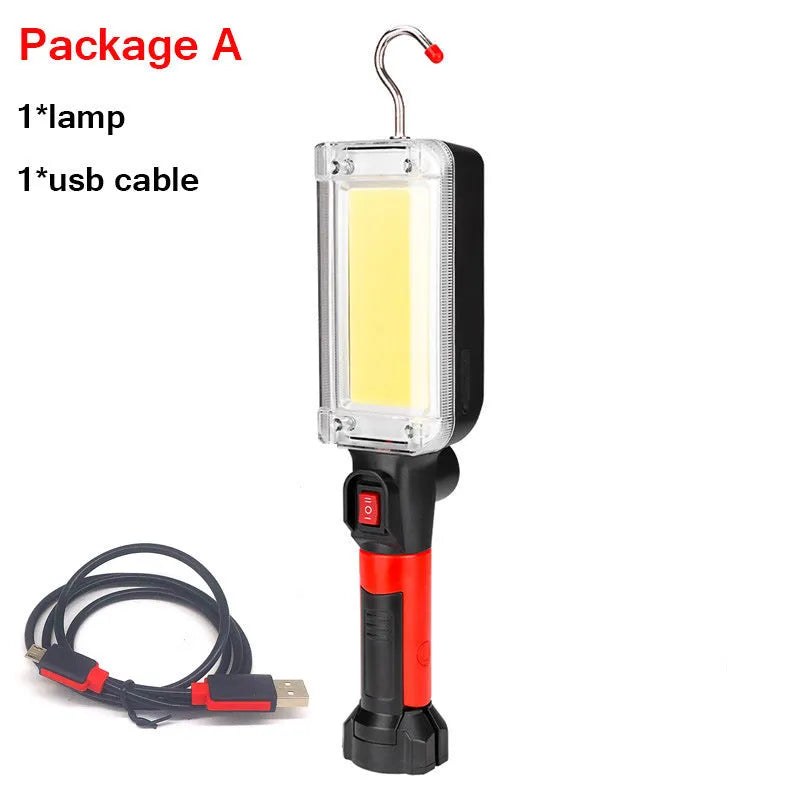 Portable COB LED flashlight with magnet hook, 28.8cm long, showing white light emission and USB charging port