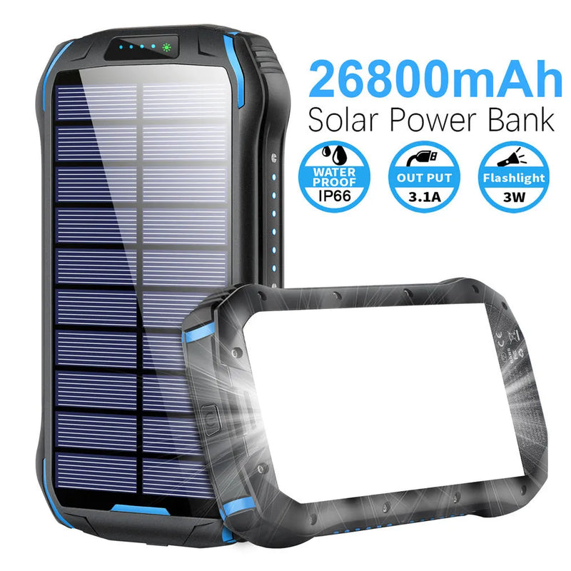 Solar Power Bank 26800mAh with LED Camping Light, Waterproof Dustproof Shockproof Portable Charger for Outdoor Emergency Phone Charging, Black Blue Orange Colour Options, XN-i26S Model