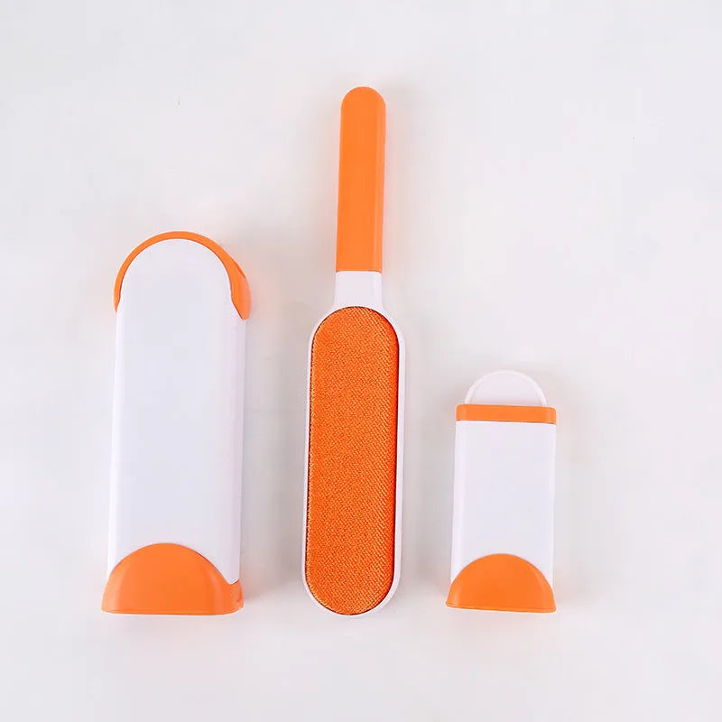 Double-sided pet brush fur comb tool with self-cleaning base, reusable and portable, in dark blue, gray, light blue, orange, and red.