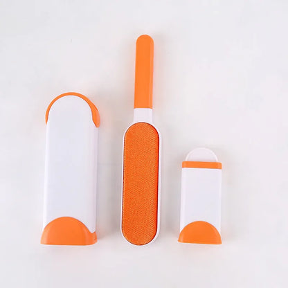 Double-sided pet brush fur comb tool with self-cleaning base, reusable and portable, in dark blue, gray, light blue, orange, and red.