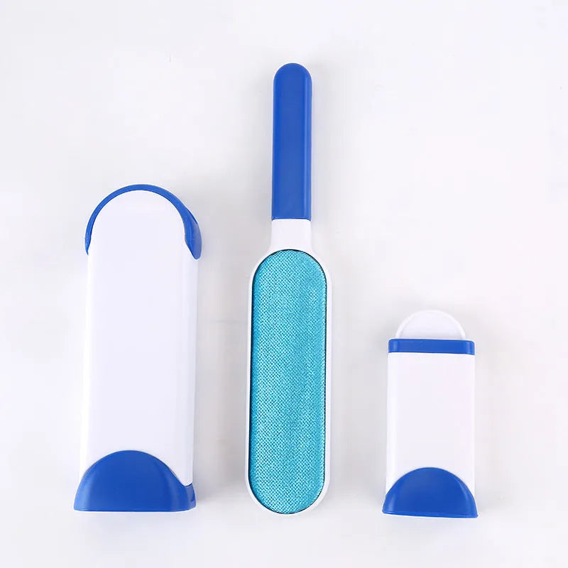 Double-sided pet brush fur comb tool with self-cleaning base, reusable and portable, in dark blue, gray, light blue, orange, and red.