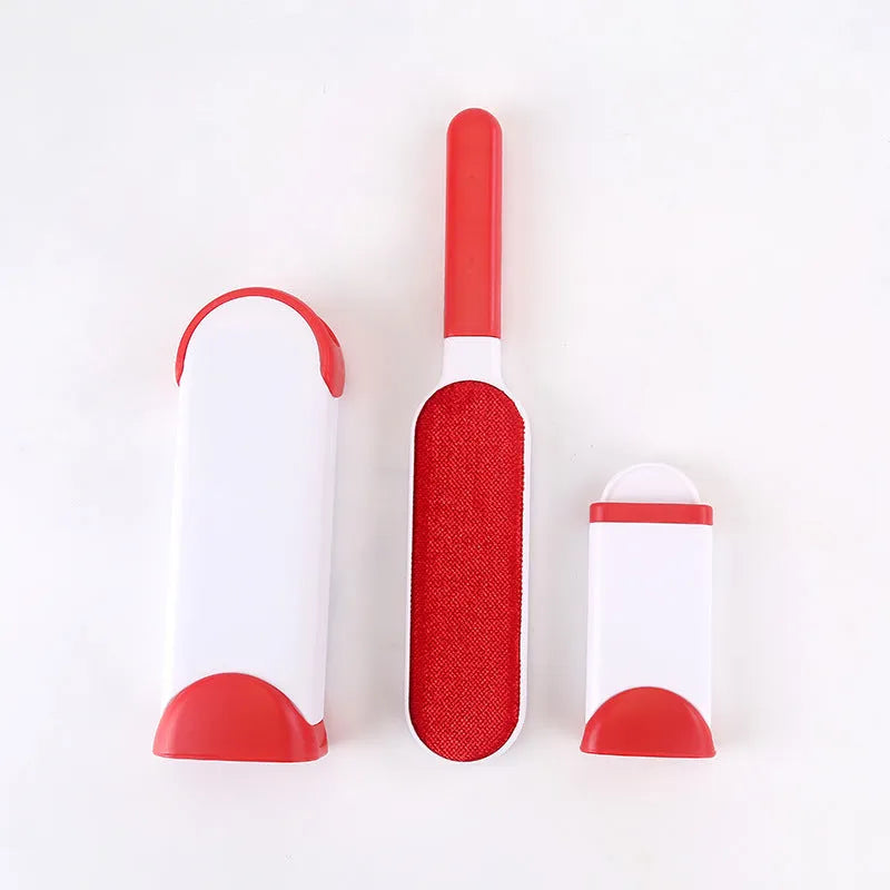 Double-sided pet brush fur comb tool with self-cleaning base, reusable and portable, in dark blue, gray, light blue, orange, and red.