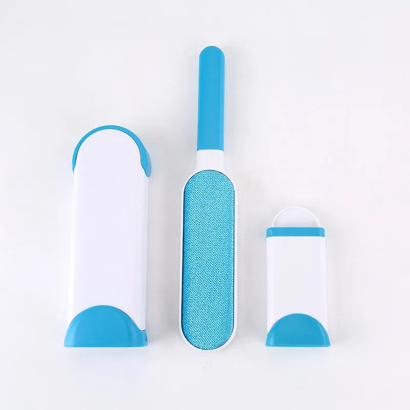 Double-sided pet brush fur comb tool with self-cleaning base, reusable and portable, in dark blue, gray, light blue, orange, and red.