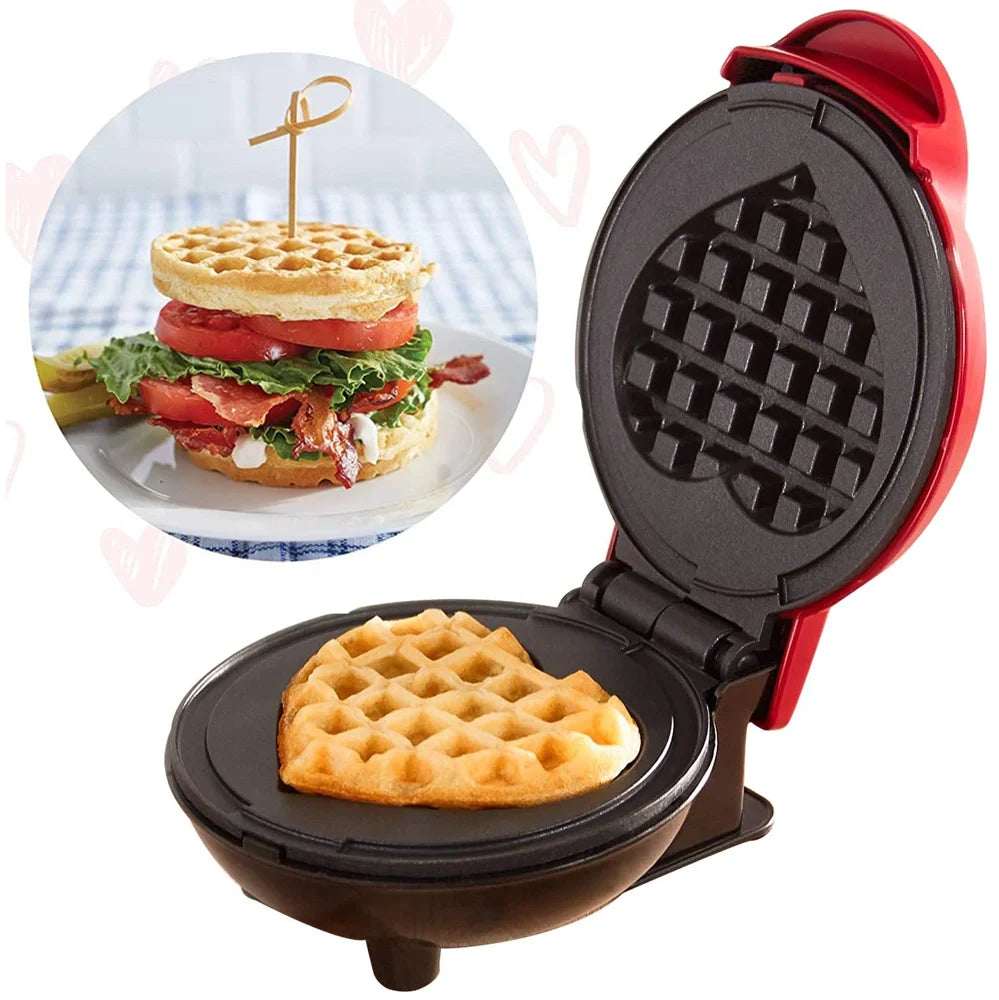 Red mini waffle maker with 16cm cooking surface, compact design for UK kitchens