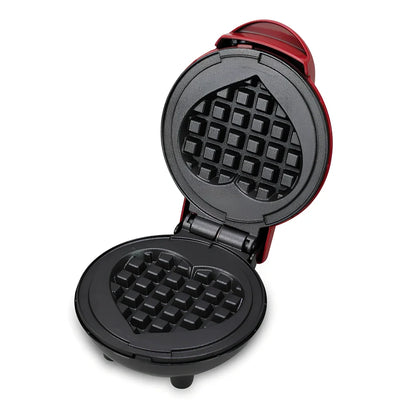 Red mini waffle maker with 16cm cooking surface, compact design for UK kitchens