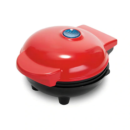 Red mini waffle maker with 16cm cooking surface, compact design for UK kitchens