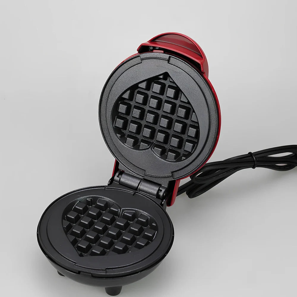 Red mini waffle maker with 16cm cooking surface, compact design for UK kitchens