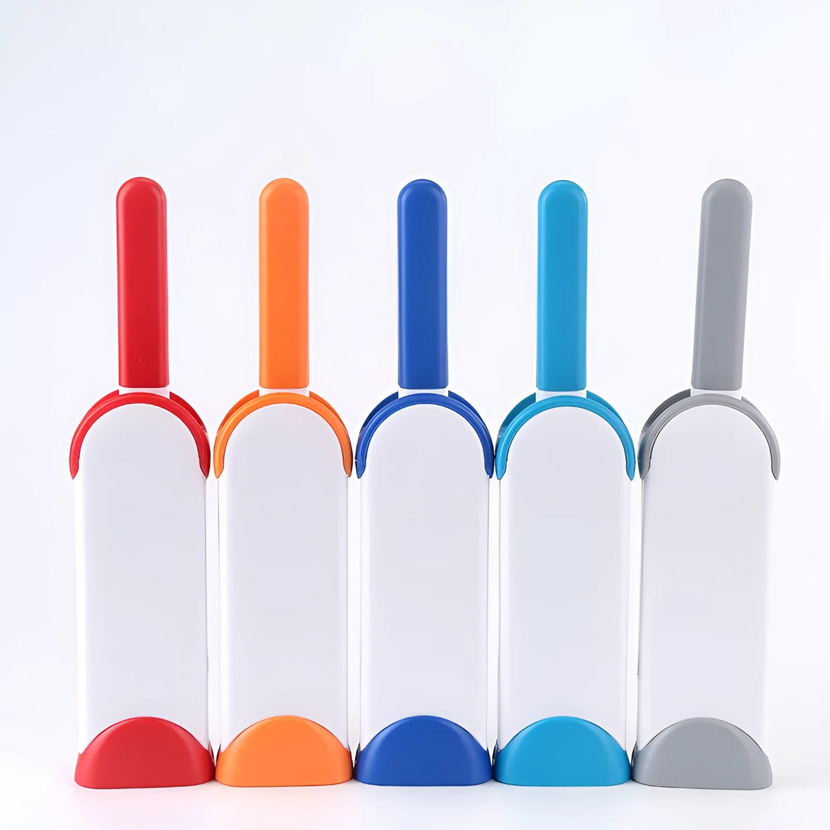 Double-sided pet brush fur comb tool with self-cleaning base, reusable and portable, in dark blue, gray, light blue, orange, and red.