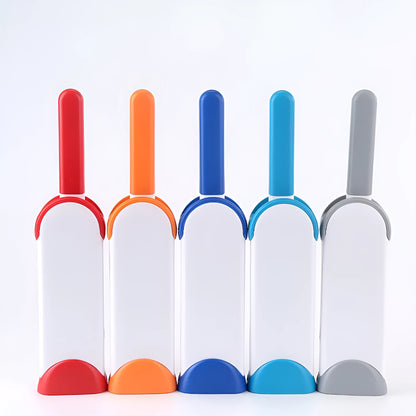 Double-sided pet brush fur comb tool with self-cleaning base, reusable and portable, in dark blue, gray, light blue, orange, and red.