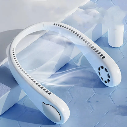 White USB charging small neck fan NC-01 with orange fan leaves, adjustable band for portable cooling