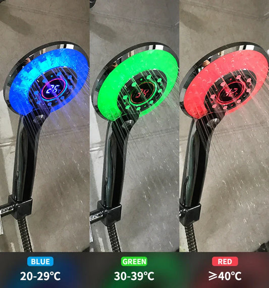 Adjustable 3-mode LED shower head with temperature-sensing lights, made of durable ABS material for a luxurious bathroom upgrade