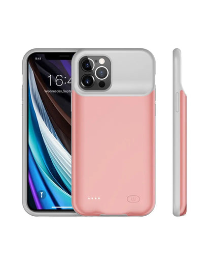 Shockproof silicone iPhone battery charger case in black, blue, pink, or white with high-capacity battery