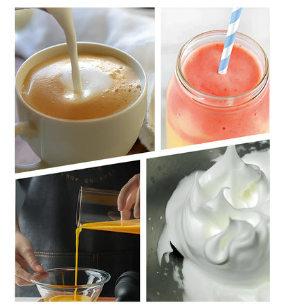 Black electric milk frother with lead-free glass jar and stainless steel whisk on kitchen counter