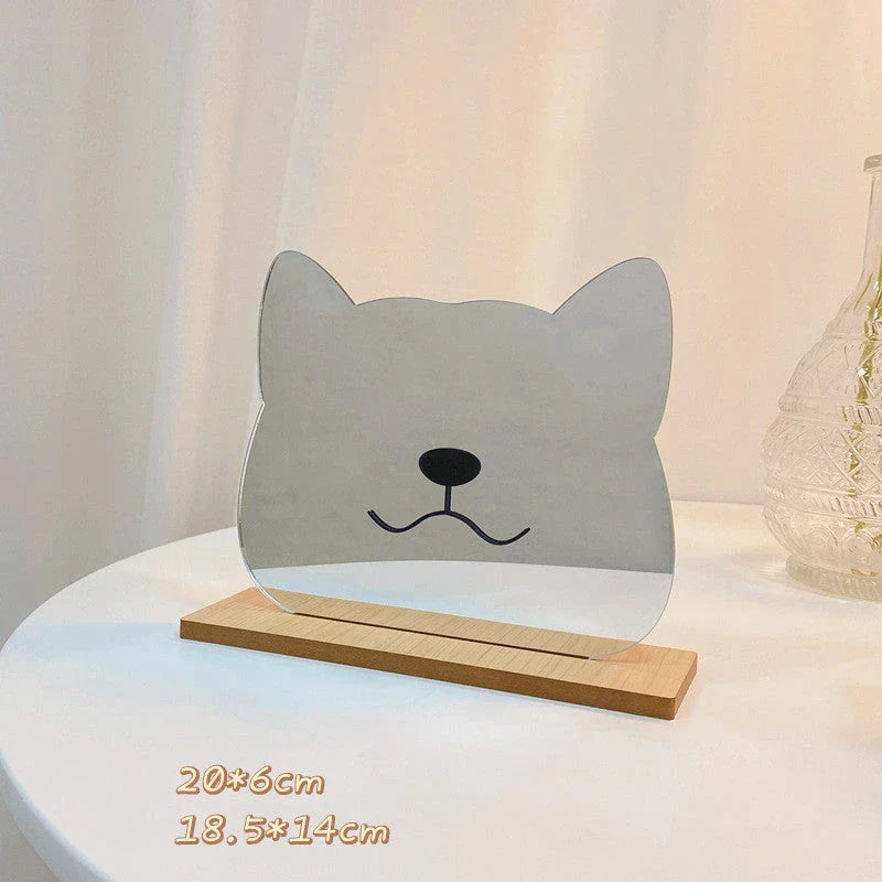 Acrylic makeup mirror with irregular edge and wooden base, available in various decorative styles