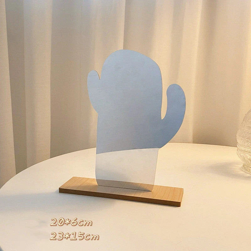 Acrylic makeup mirror with irregular edge and wooden base, available in various decorative styles