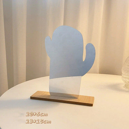 Acrylic makeup mirror with irregular edge and wooden base, available in various decorative styles