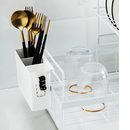 Black double-tier metal wire kitchen dish rack with removable upper layer and bottom drain tray